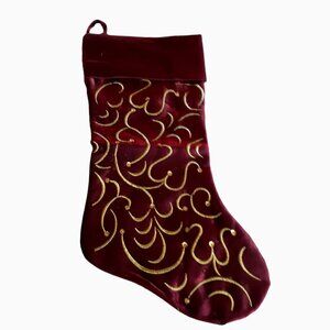 Burgundy Velvet Red & Gold Swirl Embroidered Christmas Stocking 18" x 7"